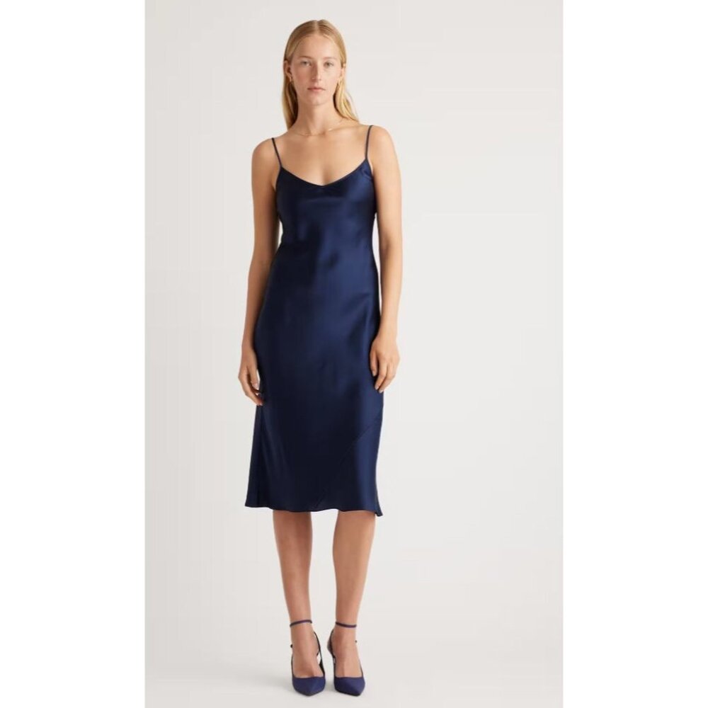 Quince Womens NWT M Navy Blue V-Neck Slip Maxi Dress Spaghetti Strap
